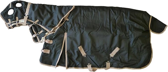 AJ Tack 1200D Waterproof Winter Horse Blanket with Hood - 400g Heavyweight Turnout with Fleece Collar, Shoulder Gussets & Tail Flap - Black 70"