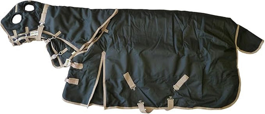 AJ Tack 1200D Waterproof Winter Horse Blanket with Hood - 400g Heavyweight Turnout with Fleece Collar, Shoulder Gussets & Tail Flap - Black 66"