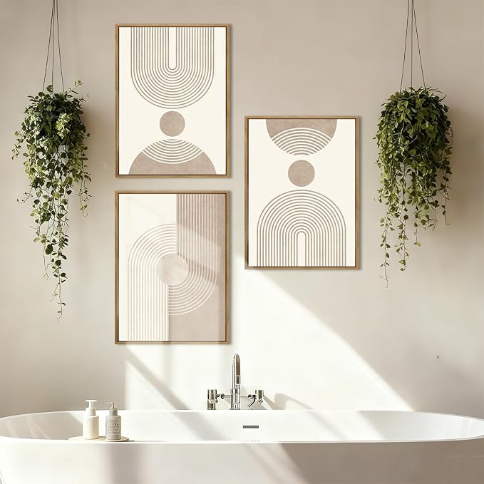 BINCUE Neutral Abstract Wall Art Boho Geometric Wall Decor Mid Century Modern Artwork for Living Room Bedroom Office 12" Lx16 W Set of 3