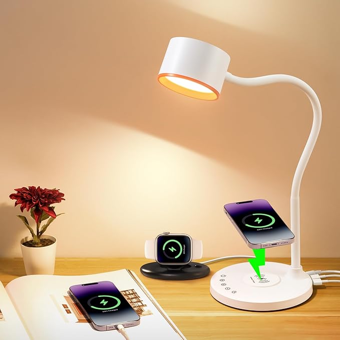 LED Desk Lamps for Home Office, Desk Lamp with USB C + A Dual Charging Ports, Wireless Charger, 5 Colors Dimming Reading Lamp Timer/Memory Touch Bedside Table Lamp for Bedroom College Dorm Room White