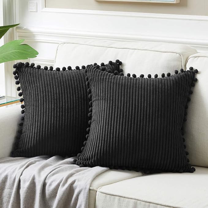 Fancy Homi Set of 2 Black Decorative Throw Pillow Covers 12x12 Inch with Pom-poms for Couch Bed Sofa, Modern Farmhouse Boho Home Decor, Soft Plush Corduroy Cute Cushion Case 30x30 cm