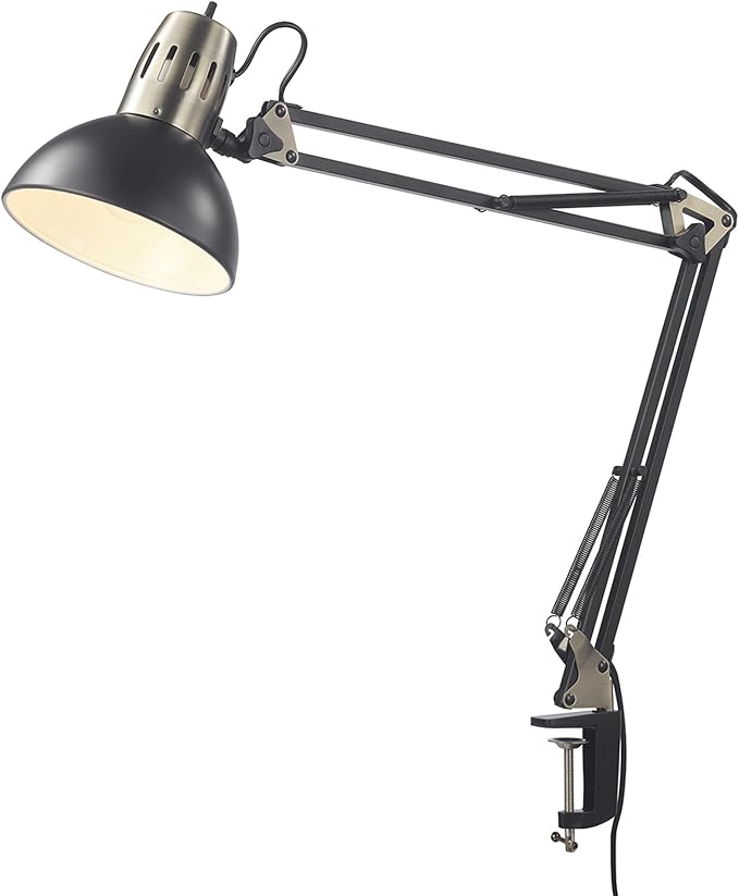 Globe Electric 62000009 32" Multi-Joint Desk Lamp with Metal Clamp, Matte Black, Antique Brass Accents, On/Off Rotary Switch on Shade, Partially Adjustable Swing Arm, Home Décor, Office Accessory