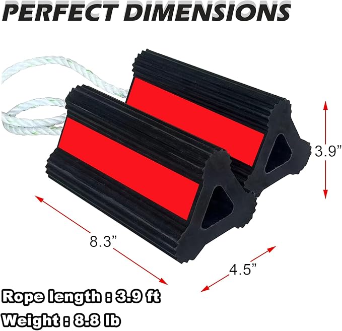 Vacallity Wheel Chocks for Travel Trailers Camper RV Truck Car, Solid Rubber Sturdiness Heavy Duty Simple Easy to use, Tires Chock Block Stopper with Nylon Rope Red Reflective Tape