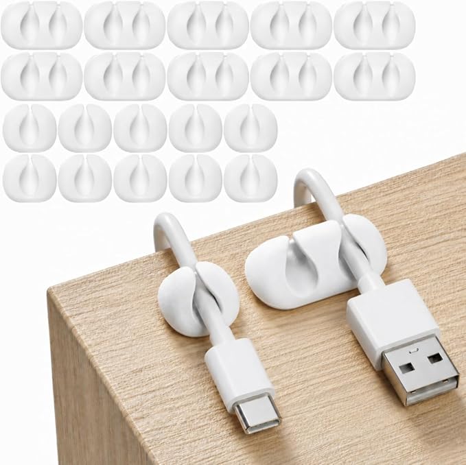 Cord Organizer for Desk, Nightstand Cable Holder, 20 Pack, Multislot, White | GLUIT Adhesive Charger Organizer, Cable Management for Desk Car Office Home College Dorm Room Cable Clips for Cords
