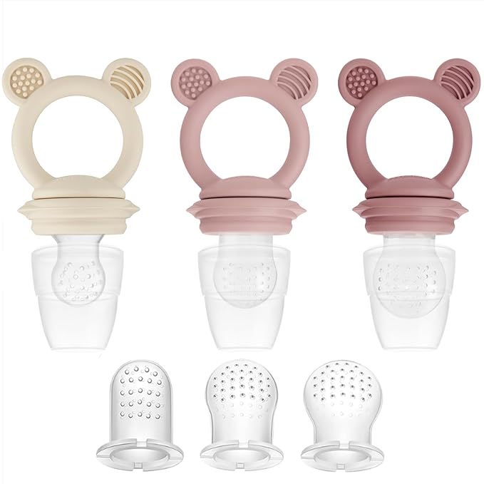 PandaEar 3 Pack Fruit & Food Feeder Pacifier, Silicone Feeder Pacifier with 3 Sizes Pouches (Pink/Linen)