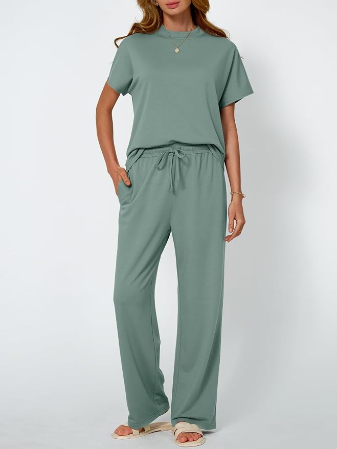 AUTOMET Women's 2 Piece Matching Lounge Sets 2026 Summer Mock Neck Sweatsuits Short Sleeve Loungewear Travel Outfits