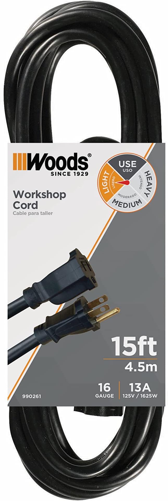 Southwire Extension Cord - Reliable Indoor & Outdoor Power - Neutral Black Finish - Vinyl Jacket - Reinforced Blades - Molded Plugs - 3 Prong - 15 Foot Length