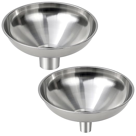 2 Pack Stainless Steel Kitchen Funnel Set for Filling Bottles - 2 Different Caliber Sizes, Seamless One-Piece Design for Transferring Oils Spices Powder Mixes (Easy to Clean)
