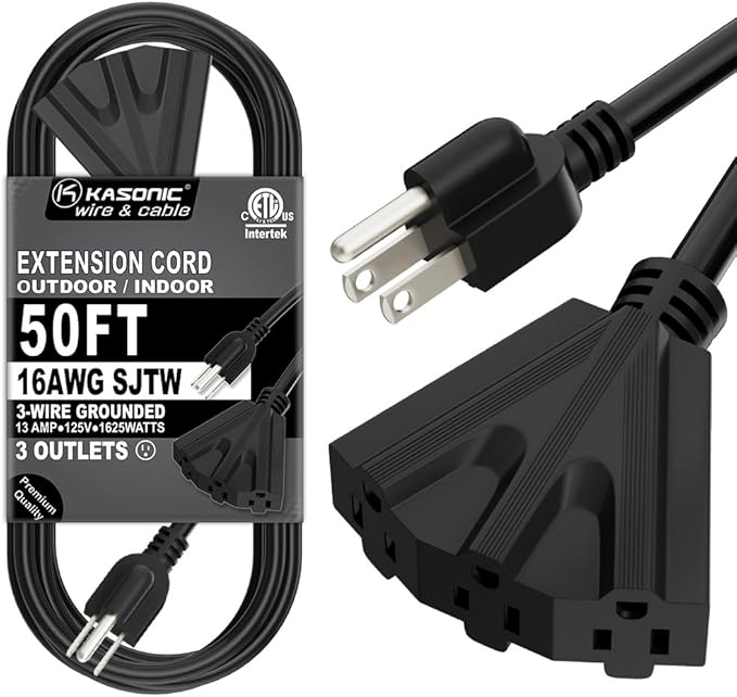 K KASONIC - 50 Ft Extension Cord with 3 Outlets, UL Listed 16/3 SJTW 3-Wire Grounded, 13A 125V 1625W for Indoor/Outdoor Use - Black