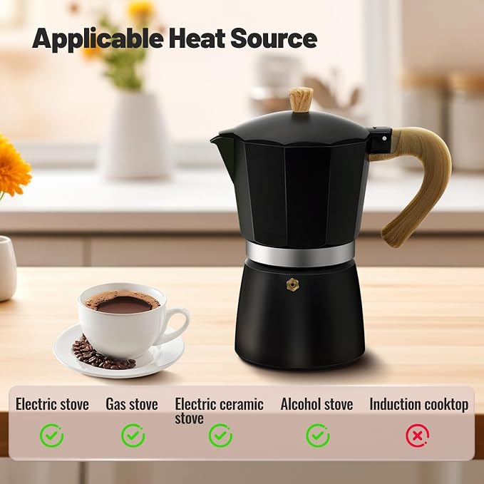 9 Cup Aluminum Moka Pot Classic Stovetop Espresso Coffee Maker 450ml 15oz Coffeemaker Percolator Mocha Pot Greca Coffee Maker Cafe Makers for Italian and Cuban Café Brewing Black