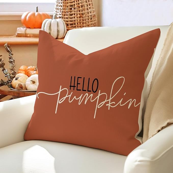 RABUSOFA Fall Pillow Covers 20x20 Inch,Rust Autumn Hello Pumpkin Pillows Decorative Throw Pillows,Outdoor Thanksgiving Cushion Cover Farmhosue Fall Decor for Bedroom Couch Sofa Rust