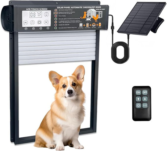 Automatic Pet Door Solar Powered with Timer, Light Sensor, Motion Sensor, LCD Display & Remote Control, Weatherproof Door for Dogs, Cats, Chicken & Rabbits