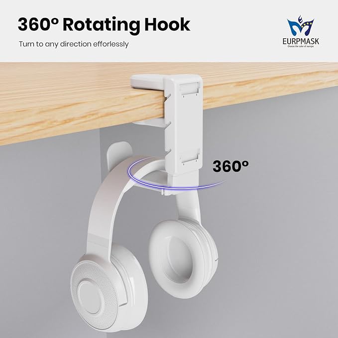 3-in-1 Headset&Controller Holder - EURPMASK Upgraded PC Gaming Headset Stand, Adjustable Clamp-on Headphone Holder,Headphone Controller Hook Under Desk w/ 360 Degree Swivel&Cable Clip Organizer-White