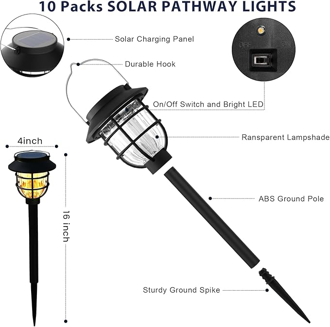10 Pack Solar Pathway Lights Outdoor- Bright Solar Powered Garden Light with 3000K Warm LED, Auto On/Off Waterproof Path Lights Decorative, Landscape Lighting for Yard Patio Walkway Driveway