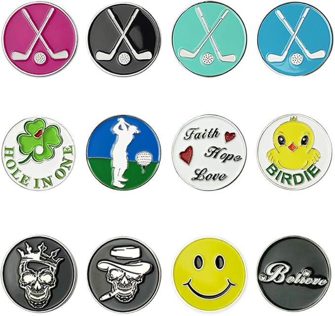 Golf Ball Markers Assorted Patterns Value Pack of 12 Golf Gifts, Golf Cap Clips and Divot Repair Tools Partner Accessories Sets for Men Women Golfer
