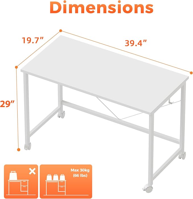 Mericonia 39x20 Inch Computer Desk with Wheels, Small Simple Rolling Desk | Writing Table for Home Office Bedroom Work Study, White