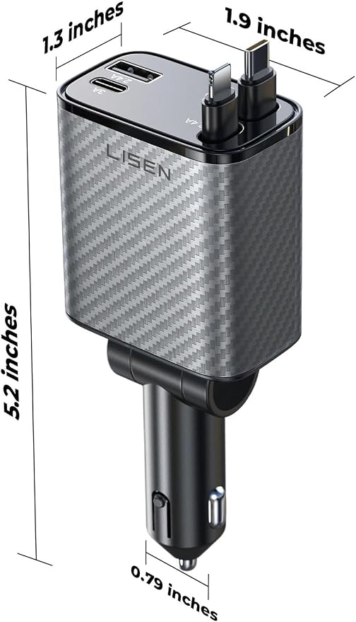 LISEN Retractable Car Charger, 84W Car Charger USB C Fast Charger Adapter, Car Accessories for Men Women, Gifts for Fathers Day for Men Dad Husband, for iPhone 17 16 15 14 13 12 Pro Max, Carbon-Grey | Multiple Ports Car Charger, Retractable Car Charger...