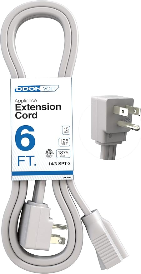 Appliance Extension Cord - 6ft Heavy Duty Gray Extension Wire for Air Conditioner, Refrigerator, & All Major Appliances - 14 Gauge High Voltage 3 Prong Flat-End Appliance Cord, for Indoor use