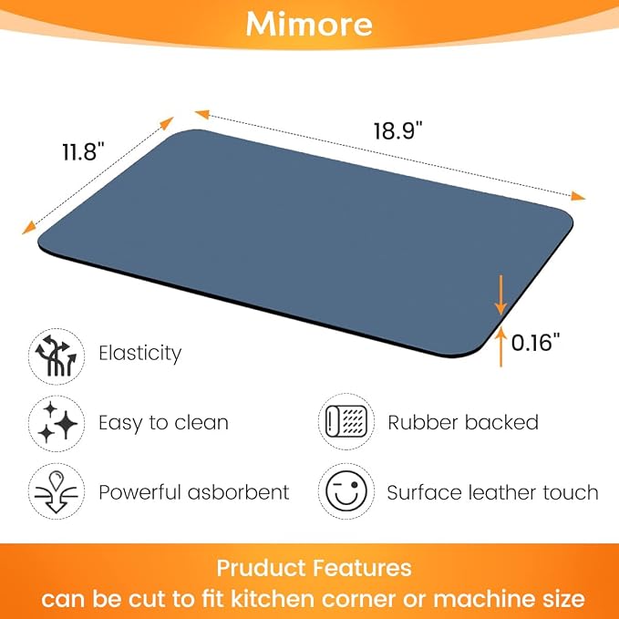 Mimore Coffee Mat - 12x19 Inch Blue Bar Mat for Countertop - Absorbent, Hides Stains, Rubber Backed - Dish Drying Mat Fits Under Coffee Maker, Espresso Machine