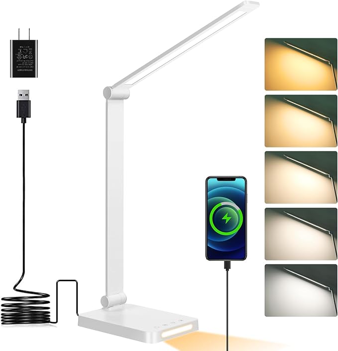 LED Desk Lamp with USB Ports,Touch Desk Lamps for Home Office with 5 Modes | 3 Brightness Desk Light with Small Night Light,Reading Lamp Table Lamp for Bedroom Bedside Study White （with adapter）