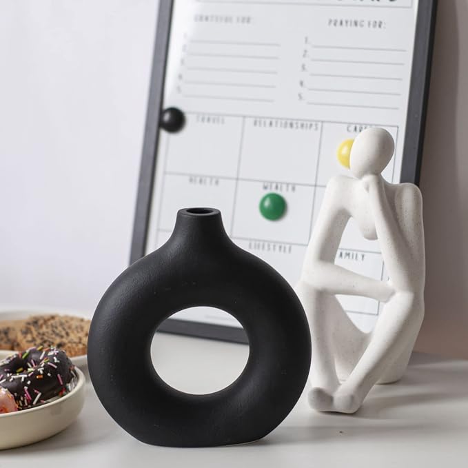 CEMABT Black Donut Vase Hollow Ceramic Vase for Flowers Handmade Minimalist Boho ins Style Modern Home Decor for Wedding Dinner Table Party Living Room Office Bedroom（M