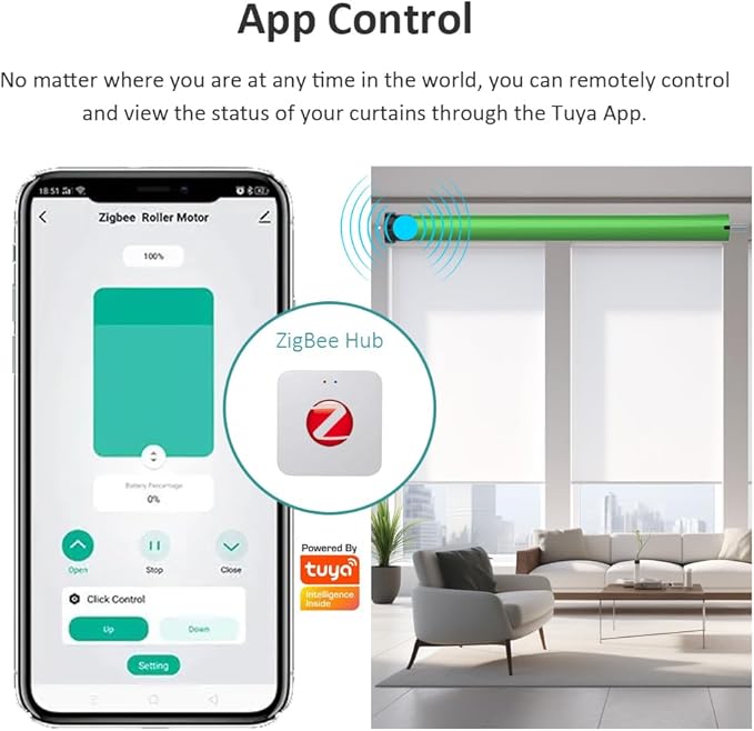 Tuya ZigBee Smart Roller Shade Motor, High Torque Electric Blinds Retrofit Kit, App/Voice Control with Alexa Google, Remote & Timer, Quiet 38dB (10 N.m for Φ50mm (2") Groove Tube)