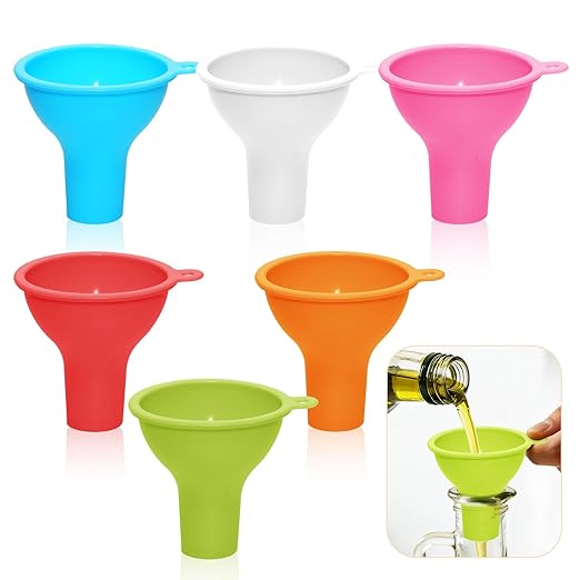 6-Piece Colorful Silicone Funnel Set for Kitchen & Cooking - Flexible Liquid & Powder Funnel with Hang Holes, 2.76" Pour Spout & 0.98" Bottle Neck Fit (Blue, White, Pink, Red, Green, Orange)