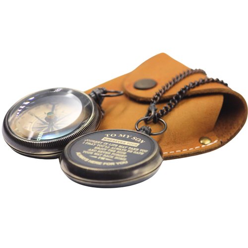 Khybex International to My Son Compass Personalized Pocket Compass with Leather Case/Gift for Son/to My Son Gifts/Mom to Son Gift/Dad to Son/Grandson Gift, Directional Magnetic Pocket Compass