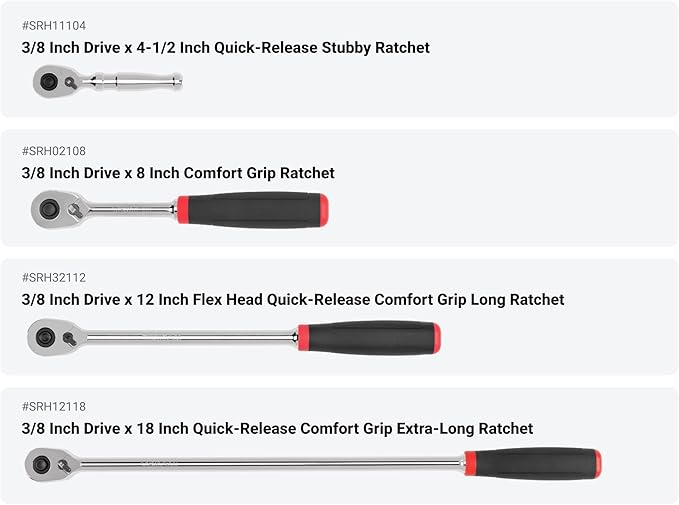 TEKTON 1/4, 3/8, 1/2 Inch Drive Quick-Release Comfort Grip Ratchet and Breaker Bar Set (15-Piece) | SDR99904
