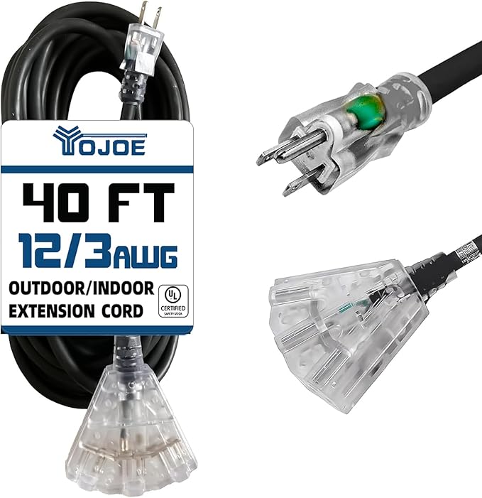 YOJOE 3-Outlets Indoor Outdoor Extension Cord with Lighted End, 3 Prong 15A Weatherproof Power Cord, 12 Gauge Heavy Duty 40 ft Black Extension Cord Multiple Outlets, 12/3 SJTW UL Listed