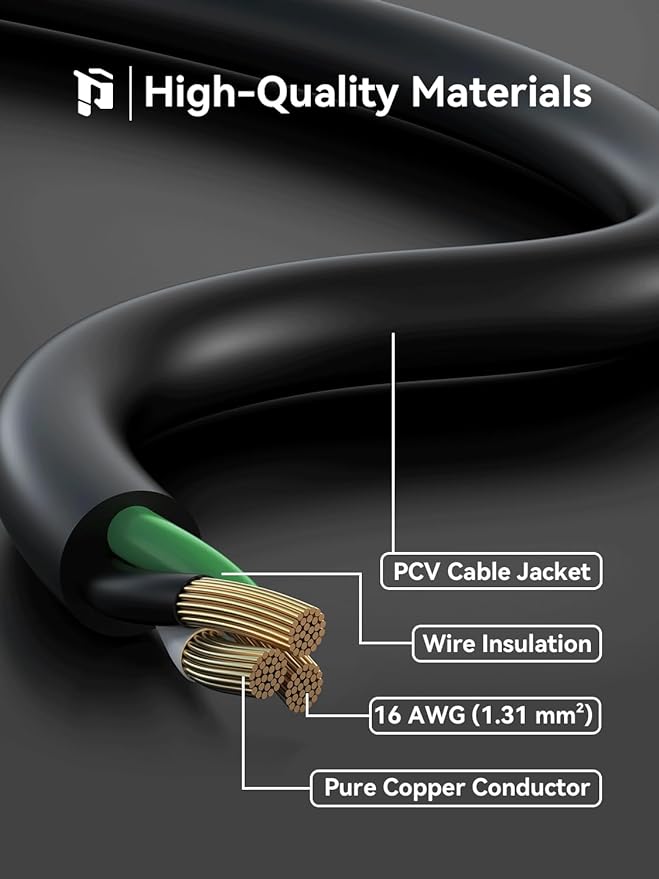 PLUGTUL 3 FT Extension Cord, Short Power Cord, Black Indoor/Outdoor 16 Gauge 3 Prong Grounded Wire ETL Listed, 13A 1625W 125V SJTW