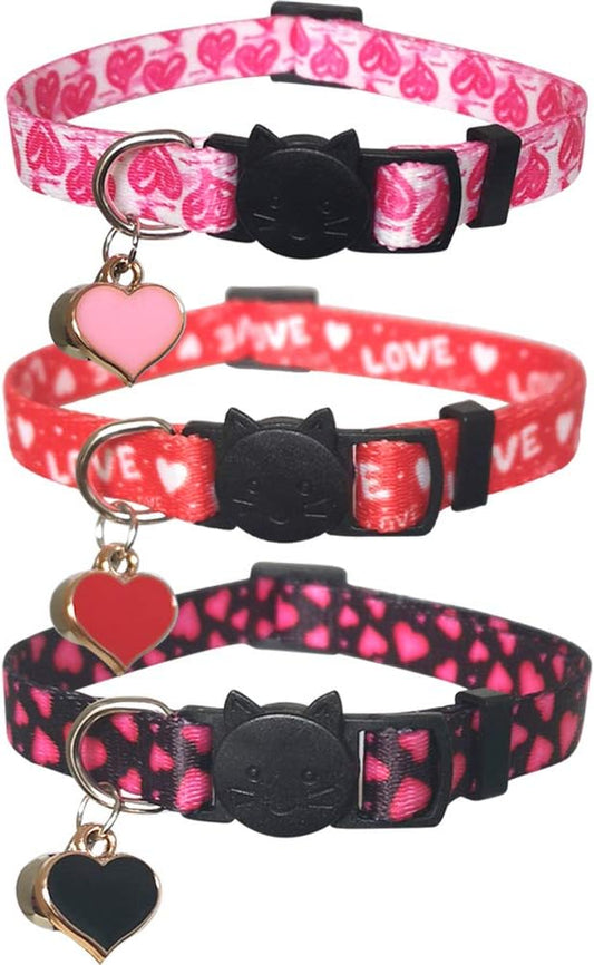3 Pack Valentine's Day Cat Collar with Bell Breakaway Adjustable Love Heart