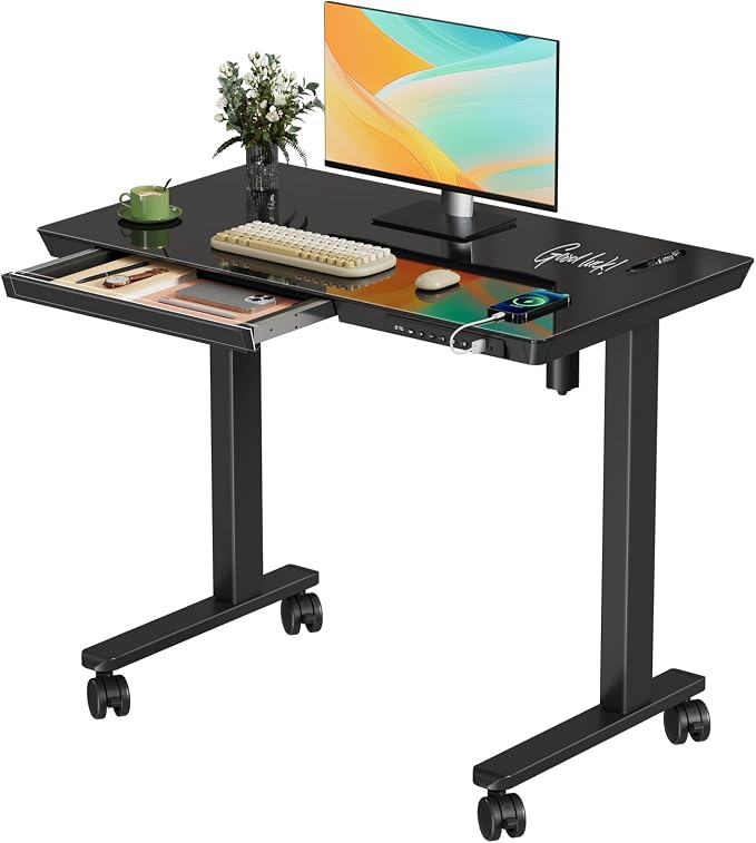 35" Electric Standing Desk with Drawer, One-Piece Glass Top | Quick Install One-Piece Tabletop with USB Charging Ports, Sit Stand Computer Desk with Wheels for Small Space, Black