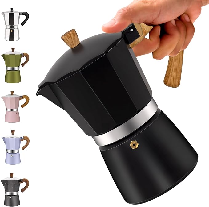 6 Cup Aluminum Moka Pot Classic Stovetop Espresso Coffee Maker 300ml 10oz Coffeemaker Percolator Mocha Pot Greca Coffee Maker Cafe Makers for Italian and Cuban Café Brewing Black