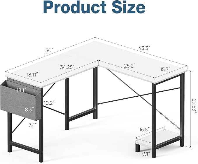 OLIXIS L Shaped Desk, 50-Inch Office Computer Gaming Desks Corner PC Table with Side Bag and Reversible Shelf for Home Work Study Writing White | Side Bag, Reversible Shelf, Home Work Study Writing, PC Workstation, Easy Assembly, White