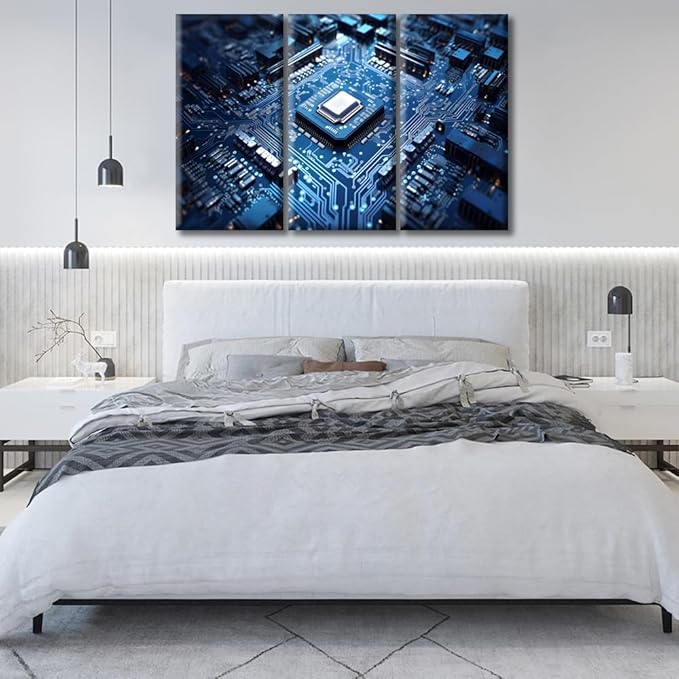 Rebotipy Technology Blue AI Wall Art Painting on Canvas 3 Panels Circuit Board Pictures Bedroom Wall Art Modern Home Decor Chip House Decorations for Living Room Stretched on Wooden Frame, 60" Wx40 H