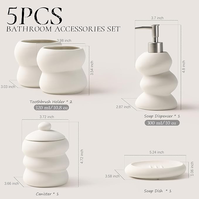 Bathroom Accessory Set 5PCS, Ceramic Bathroom Accessories Set, Irregular Shape Small Bathroom Sets Accessories Complete, Home Apartment Minimalist Decor Vanity Countertop, Beige, ANTIS'S HOME