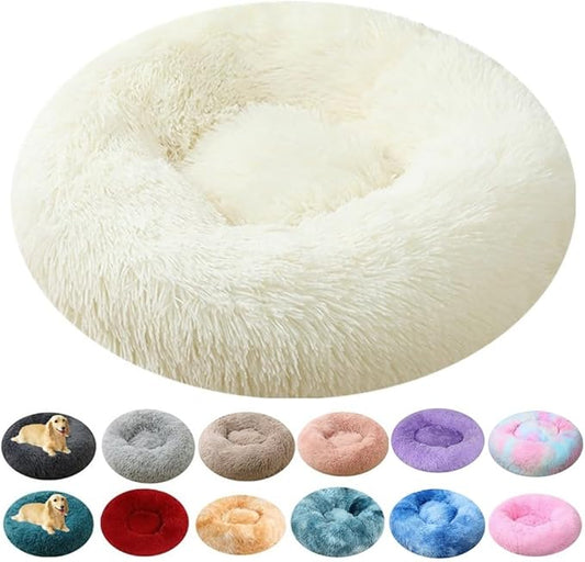 Calming Donut Dog & Cat Bed, 36 Inch Round Fluffy Dog Beds for Small Medium Large Dogs and Cats Anti-Anxiety, Puppy Bed, Washable Round Cozy Soft Pet Bed (White)