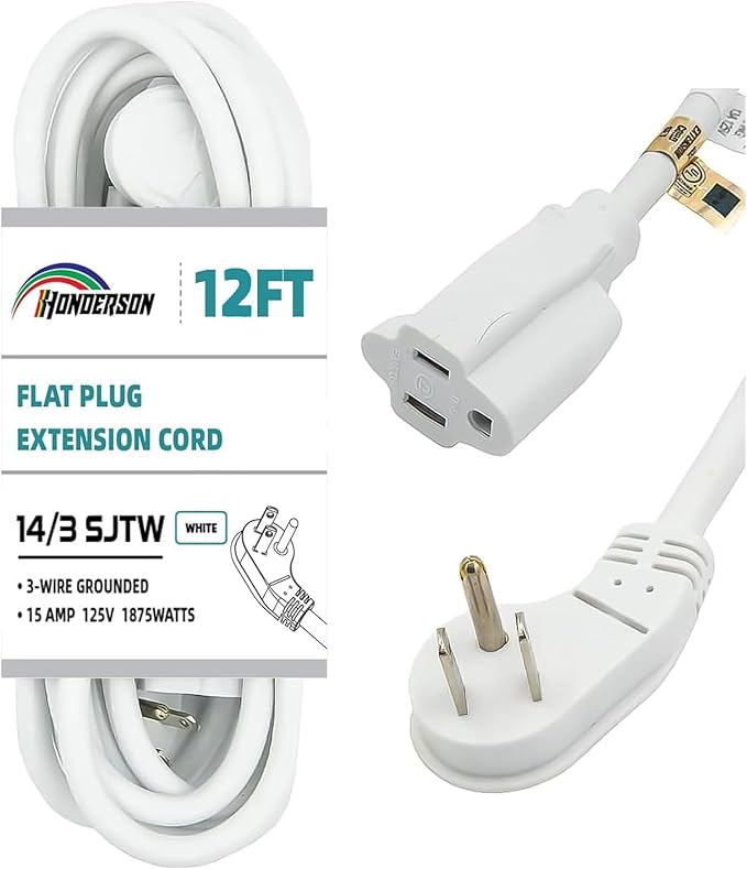 Flat Plug Indoor Extension Cord, UL Certified, 14 Gauge 12FT White 3 Prong Heavy Duty, 14/3 SJTW 15A Power Cord for Lights, Appliances, Home