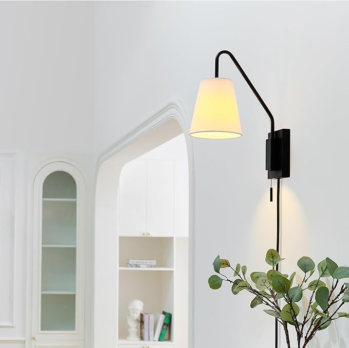 Globe Electric 65000043 1-Light Plug-in or Hardwire Wall Sconce, Matte Black, White Fabric Shade, Swing Arm, 6ft Black Braided Fabric Cord, On/Off Pull Chain, Wall Lights for Living Room, Home Décor