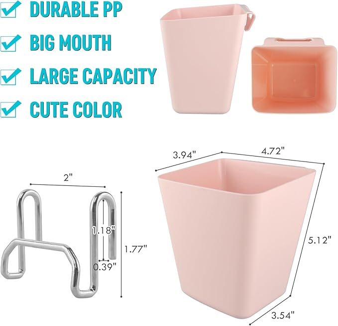 G.CORE Large Grid Wall Bins - 6Pack Pink Gridwall Accessories Hanging Cups with Back Hooks - Plastic Grid Wall Panels Organizers Wire Shelves Holders for Garage Garden Craft Office Tools Storage