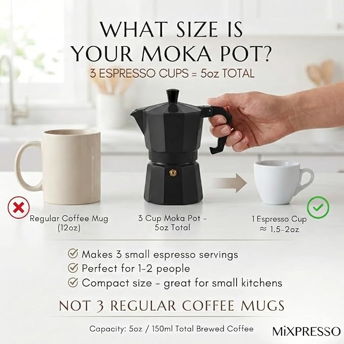 Mixpresso 3 Cup Moka Pot Stovetop Espresso Maker, Italian Cuban Coffee Pot | 5oz aluminum Italian coffee maker for gas and electric stovetops, small design for traditional espresso-style coffee at home