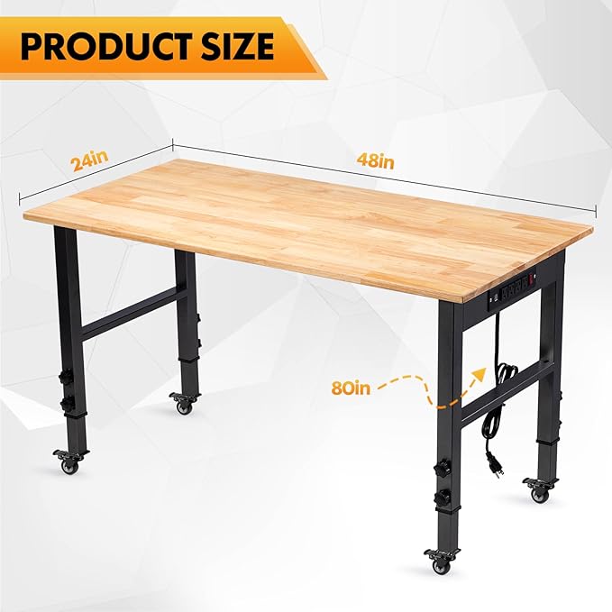 48" Height Adjustable Workbench, 2000 LBS Load Capacity Rubber Wood Top Workstation, Heavy-Duty Hardwood Worktable for Garage Workshop (with Wheels and Socket,48'')