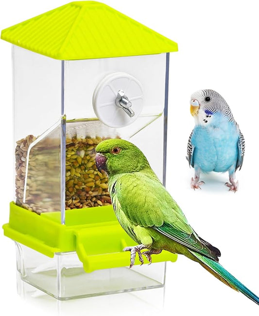 BNOSDM No Mess Automatic Bird Feeder Anti-Splash Bird Feeder Acrylic Transparent Food Container Parrot Cage Accessories for Parakeets Budgies Lovebirds Cockatoos Conures Finches (Green)