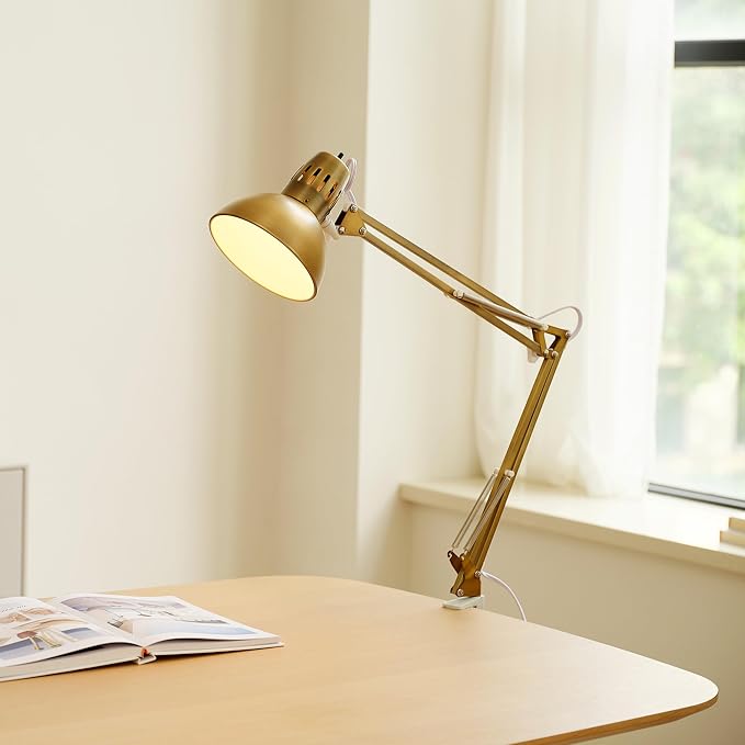 Globe Electric 62000010 32" Multi-Joint Desk Lamp with Metal Clamp, Matte Brass, White Accents, On/Off Rotary Switch on Shade, Partially Adjustable Swing Arm, Home Décor, Office Accessory