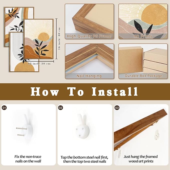 BINCUE Boho Line Wall Art Abstract Plant Wall Decor Mid Century Artwork for Living Room Bedroom Office 12"x16" Set of 3