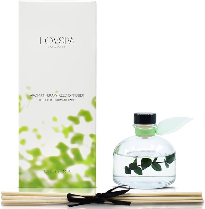 LOVSPA Reed Diffuser Set, Unwind Eucalyptus & Mint Scented Oil Diffuser with Sticks, Home Fragrance Accessories for Bathroom Shelf Decor, Aroma Diffusers for Home or Office Desk, USA Made
