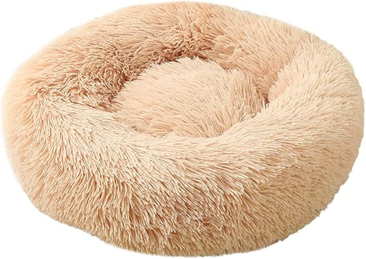 Calming Faux Fur Dog Beds Calming Donut Cuddler Dog Bed Washable Round Cat Bed Pillow Cuddler Fluffy Indoor Dog Calming Beds with Anti Slip Bottom Solid Color Champagne 23 Inch