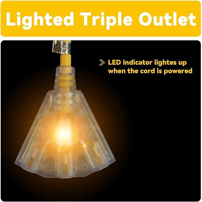EP 10 Ft 12 Gauge Heavy Duty Extension Cord, 15A 125V 1875W, 3 Outlet Indoor/Outdoor Power Cord with Lighted End, 12/3 SJTW Weatherproof Yellow