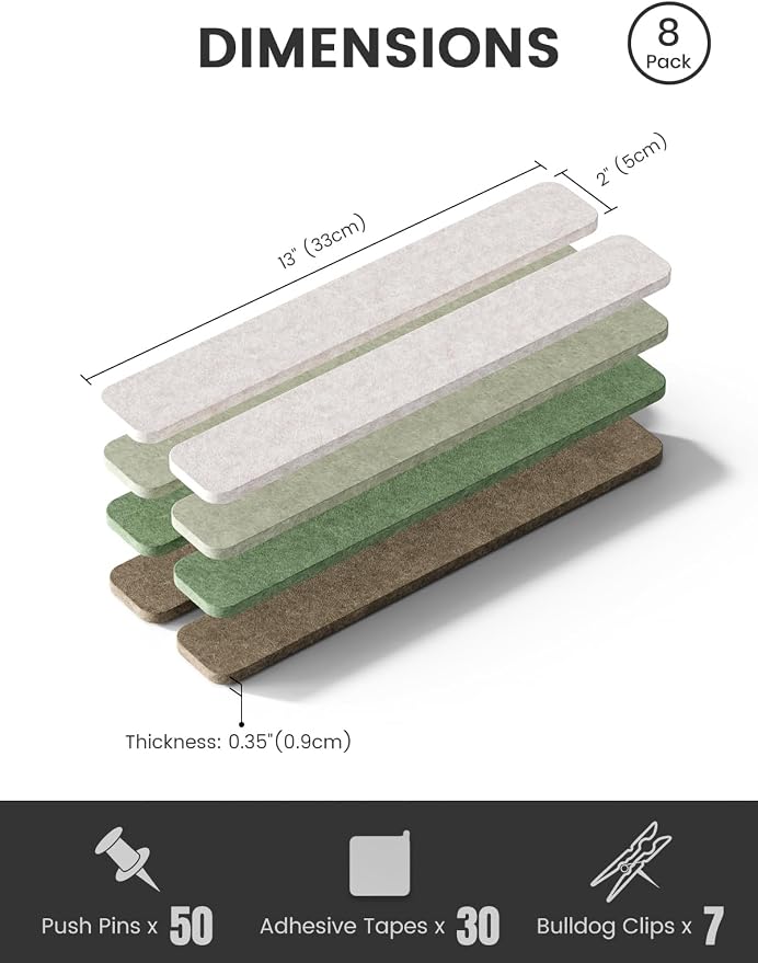 Fluxynara 13" x 2" Felt Wall Panels, Moss Haven | 8-Pack Includes 50 Push Pins and Adhesive Tabs for Photos, Notes and Decor in Bedroom Doors, Home Office or Studios